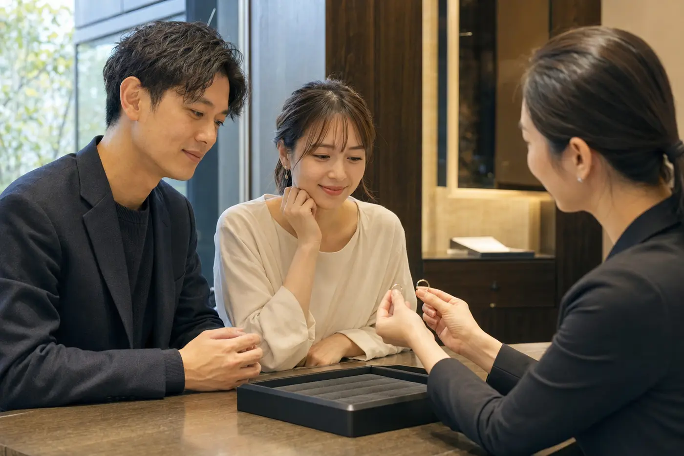 二人で結婚指輪を選び、専門スタッフから案内を受けるカップル